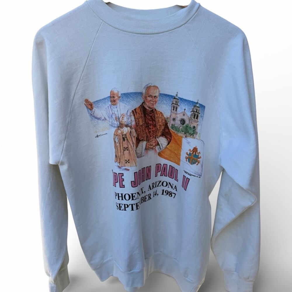 Pope John Paul II 1987 Phoenix AZ Sweatshirt Mens Large Vintage Religious White